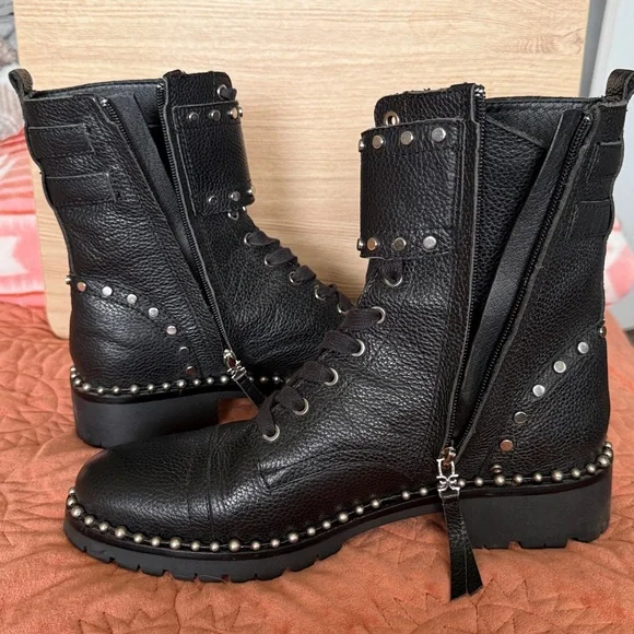 Sam Edelman Silver Studs Leather Black Zipper Combat Boots - Picture 6 of 12